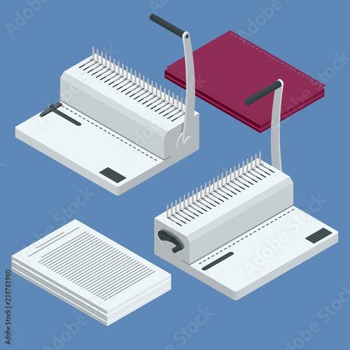Isometric binder machine. Binding documents with plastic ring binder by using ring binding machine for report preparation. Vector illustration