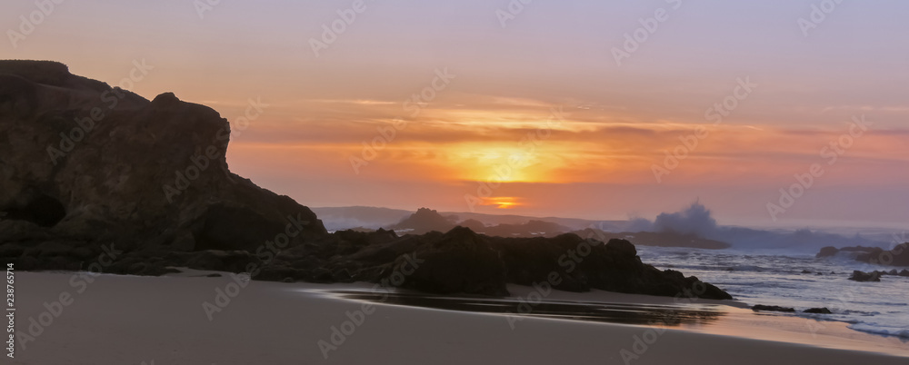 Panoramic sunset over Pescadero State Beach. Pescadero, San Mateo County, California, USA.
