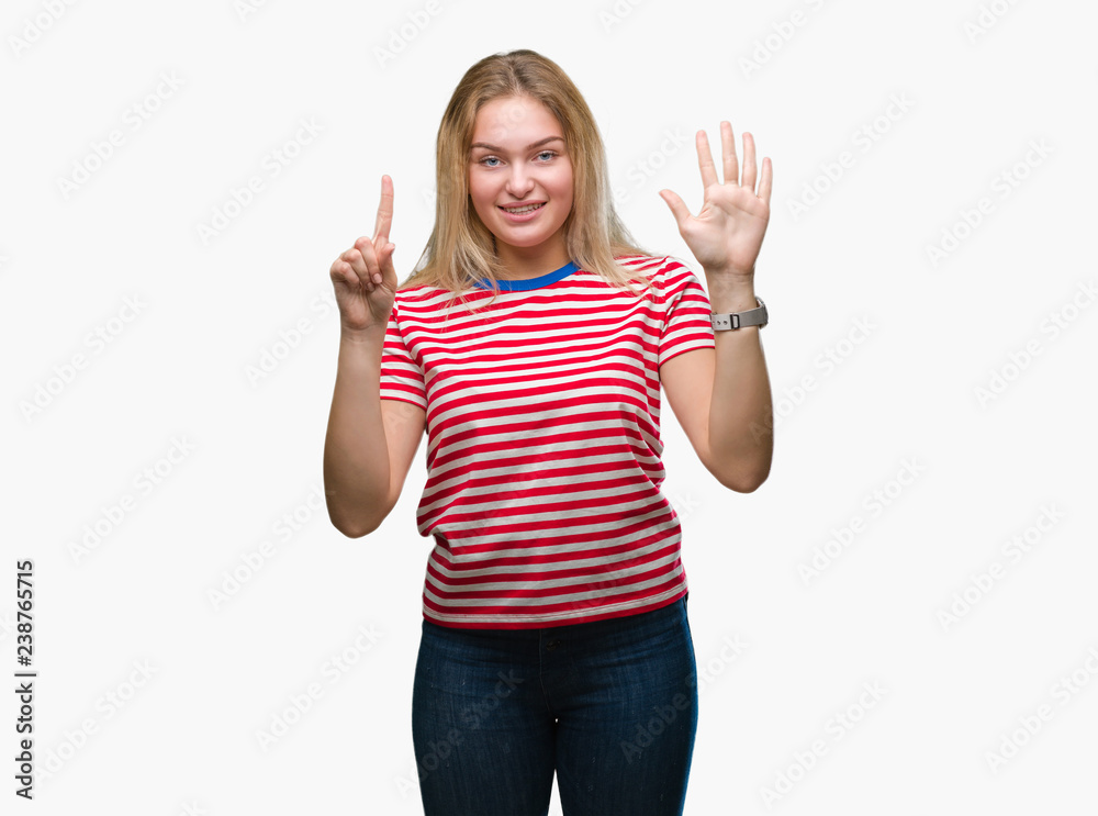 Young caucasian woman over isolated background showing and pointing up with fingers number six while smiling confident and happy.