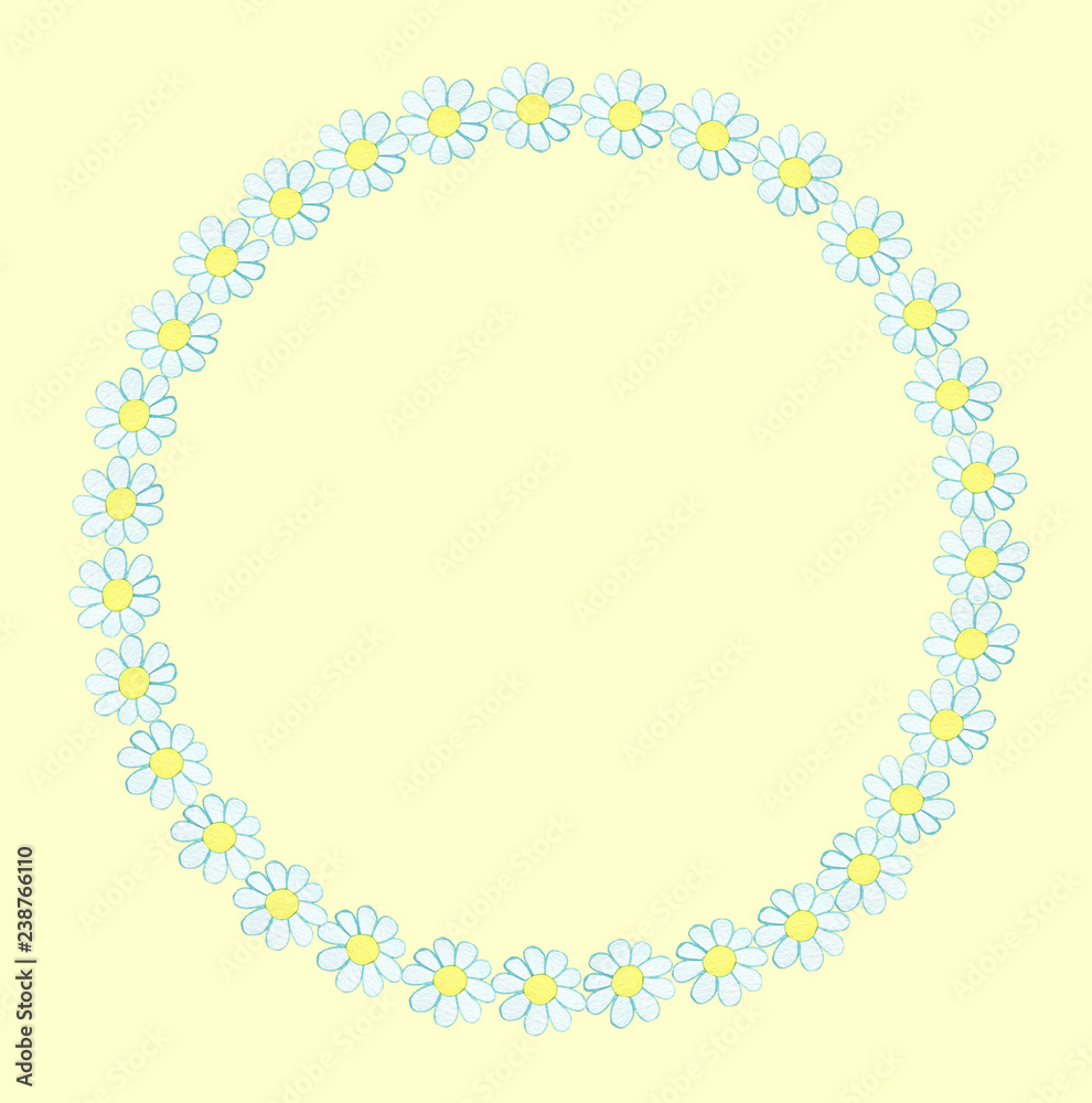 Wreath from watercolor hand drawn white wildflowers - daisy (camomile). Isolated on yellow background. Background can be changed Wreath from watercolor hand drawn white wildflowers - daisy (camomile). Isolated on yellow background. Background can be changed