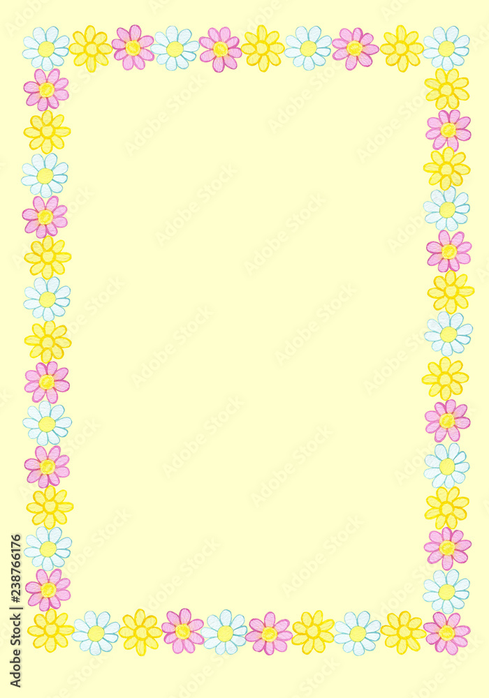 Frame from watercolor hand drawn white, pink and yellow wildflowers. Isolated on yellow background. Background can be changed