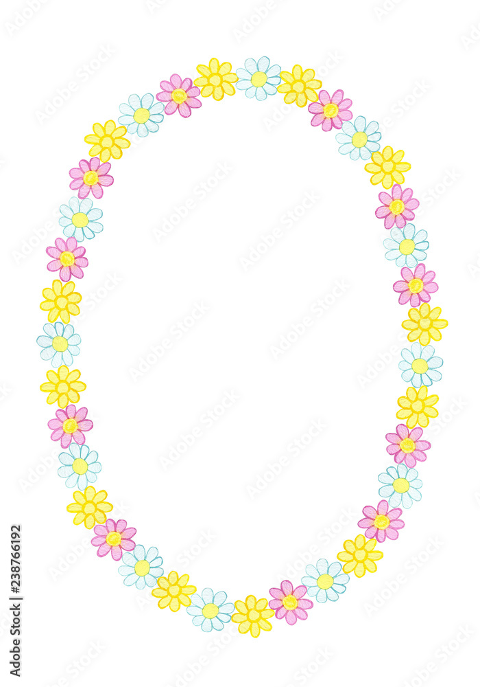 Oval wreath from watercolor hand drawn white, pink and yellow wildflowers. Isolated on white background. Background can be changed Oval wreath from watercolor hand drawn white, pink and yellow wildflowers. Isolated on white background. Background can be changed