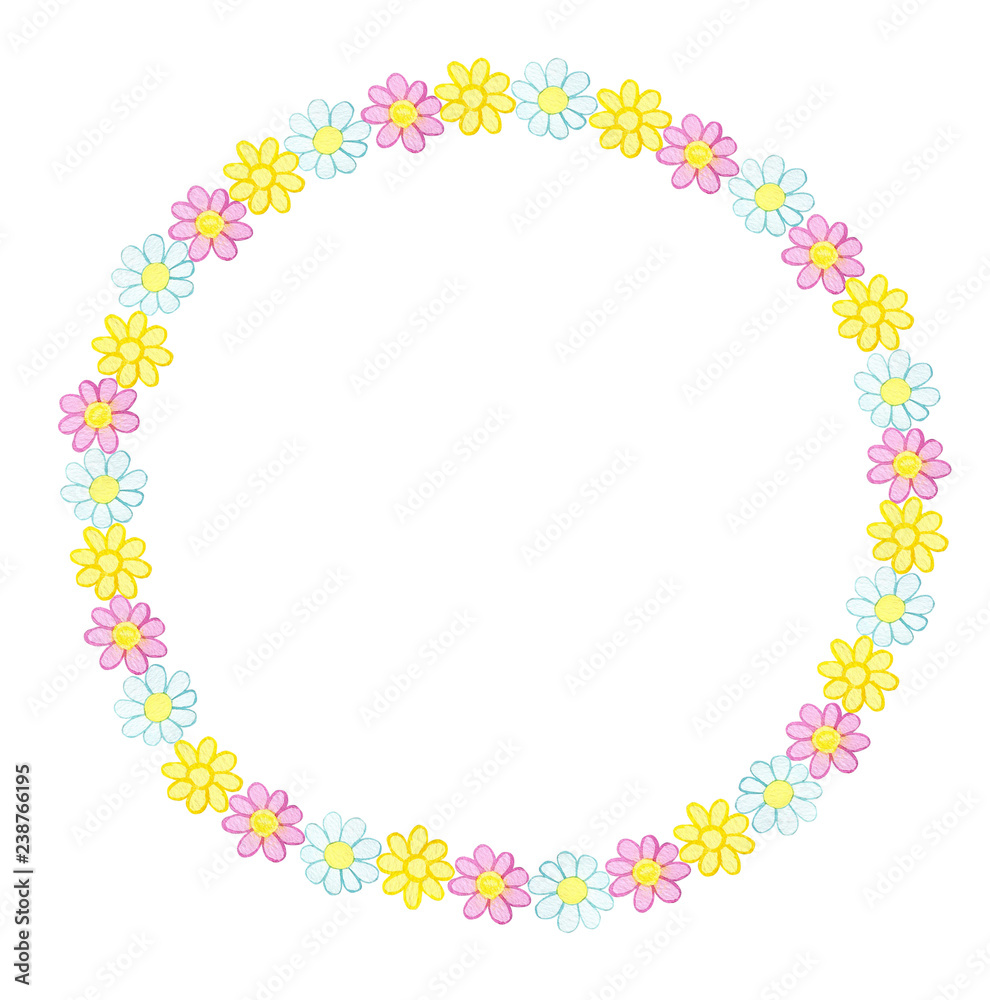 Wreath from watercolor hand drawn white, pink and yellow wildflowers. Isolated on white background. Background can be changed