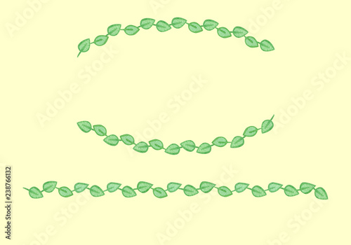 Lines (borders) from watercolor hand drawn green leaves. Isolated on yellow background. Background can be changed