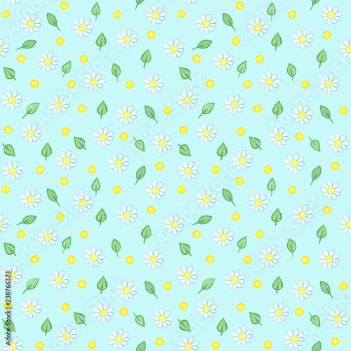 Seamless pattern with watercolor hand drawn white flowers - chamomile, green leaves and yellow points on light blue background. Background can be easily change for another color