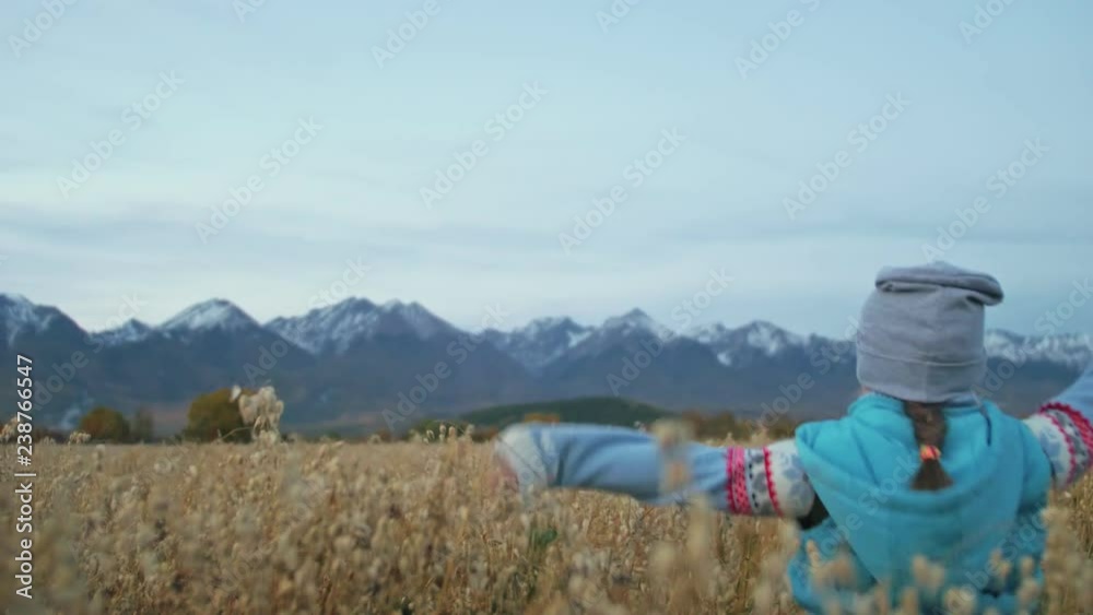 Baby girl walking in wheat field. Kid runs against the backdrop of beautiful mountains with snow-capped peaks. Child shows different emotions: fear and joy, loss and relax, happy. Baby girl walking in wheat field. Kid runs against the backdrop of beautiful mountains with snow-capped peaks. Child shows different emotions: fear and joy, loss and relax, happy.