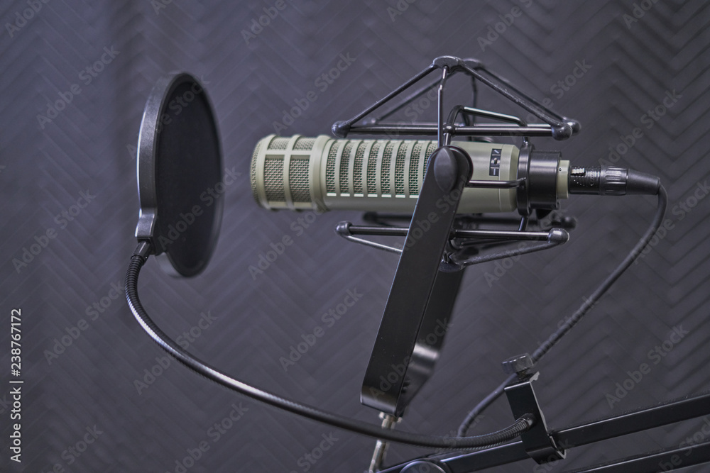 Podcast microphone in recording booth with windscreen Stock-Foto | Adobe  Stock