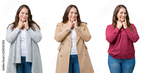 Collage of beautiful plus size woman over isolated background Smiling with open mouth, fingers pointing and forcing cheerful smile