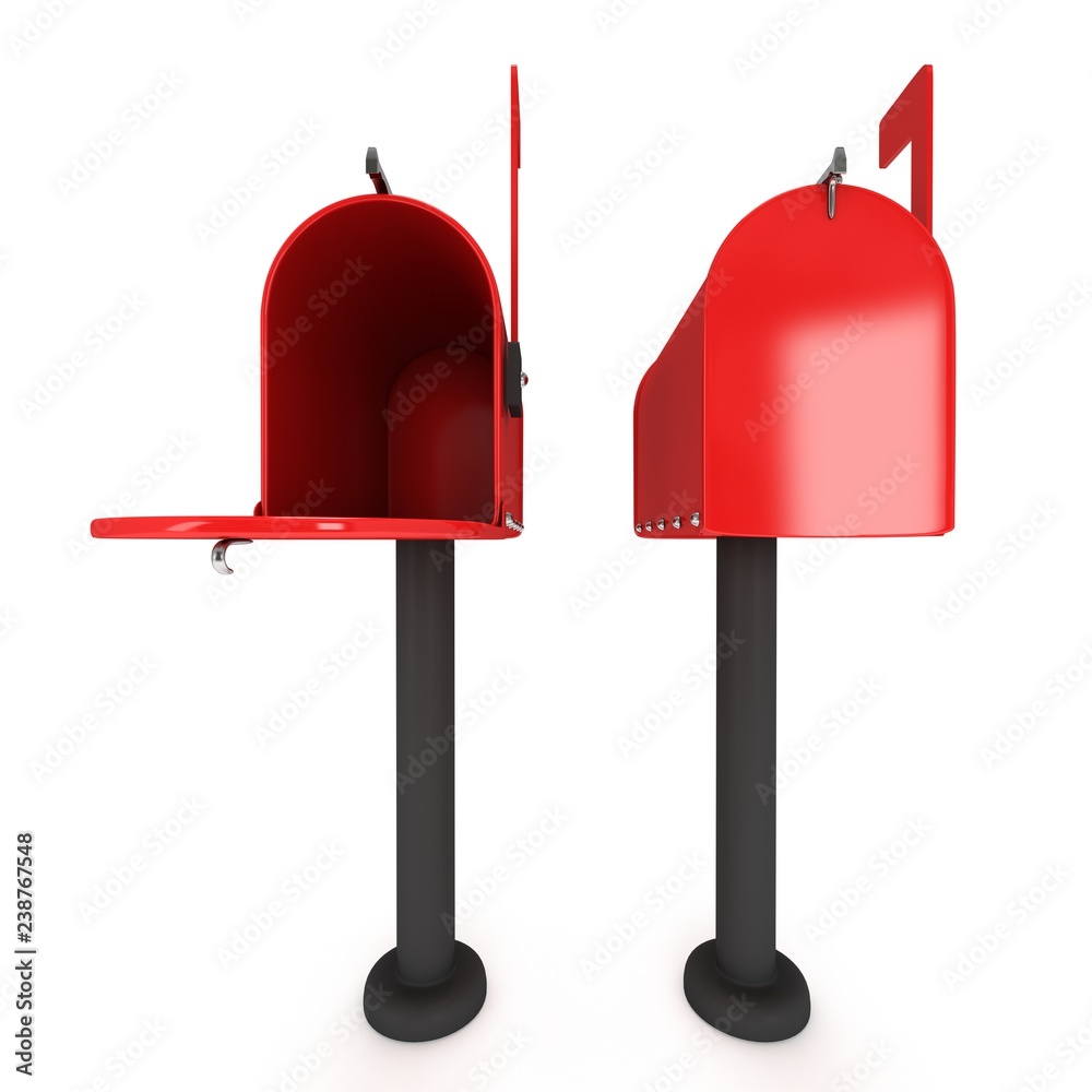 Mailbox with open door and raised flag. 3d render illustration isolated on white background. Mailbox with open door and raised flag. 3d render illustration isolated on white background.