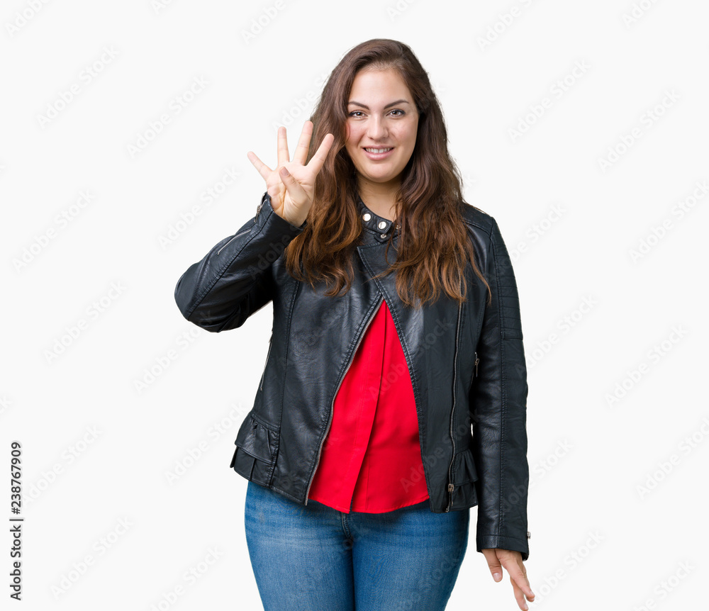 Beautiful plus size young woman wearing a fashion leather jacket over isolated background showing and pointing up with fingers number four while smiling confident and happy. Beautiful plus size young woman wearing a fashion leather jacket over isolated background showing and pointing up with fingers number four while smiling confident and happy.