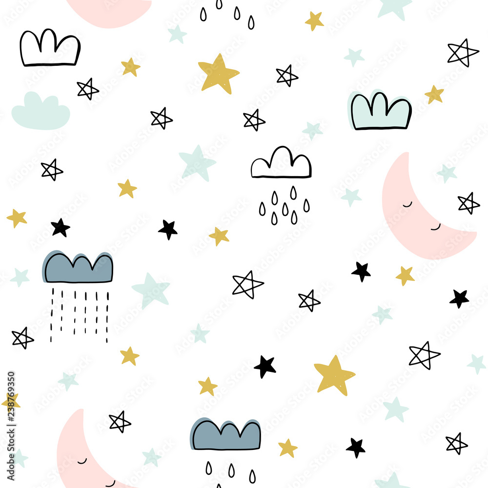 Seamless cute pattern for kids, children. Clouds moon stars background.  Scandinavian style for fabric, wallpaper, planner, sticker Stock Vector |  Adobe Stock