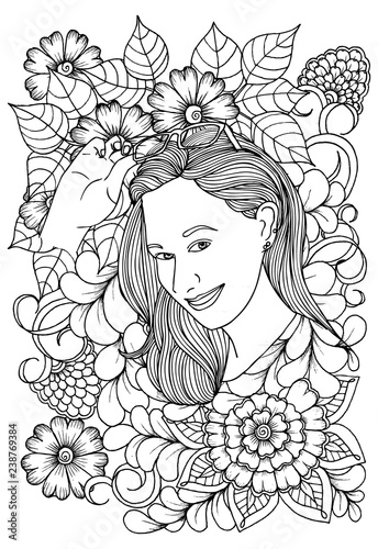 Vector coloring page. Beautiful woman and flowers. Doodles. Monochrome image. Black and white illustration