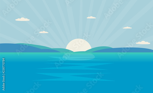 Beautiful sea landscape with sun in morning.Ocean with mountain and sun shine.Vector illustration © vvadyab