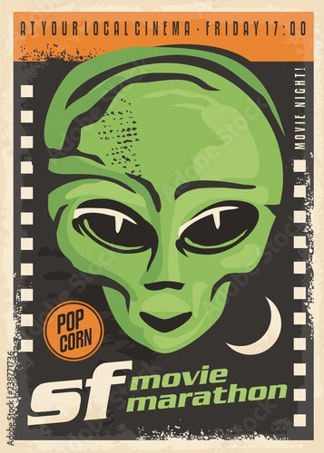 Science fiction movie night retro poster design with alien and film strip on dark background. Cinema event vintage flyer. 