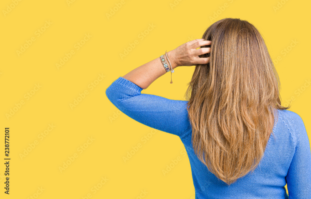 Middle age beautiful woman wearing winter sweater over isolated background Backwards thinking about doubt with hand on head Middle age beautiful woman wearing winter sweater over isolated background Backwards thinking about doubt with hand on head