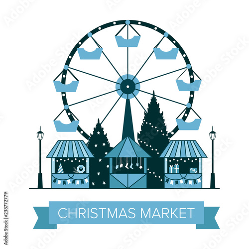 Winter Christmas fair market, Happy New year and Christmas Europe city, souvenir stalls, gift shops, Ferris wheel, garlands. Christmas trees, socks, gifts. City winter landscape