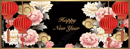 Happy Chinese new year retro gold relief art pink peony flower cloud lantern and lattice frame