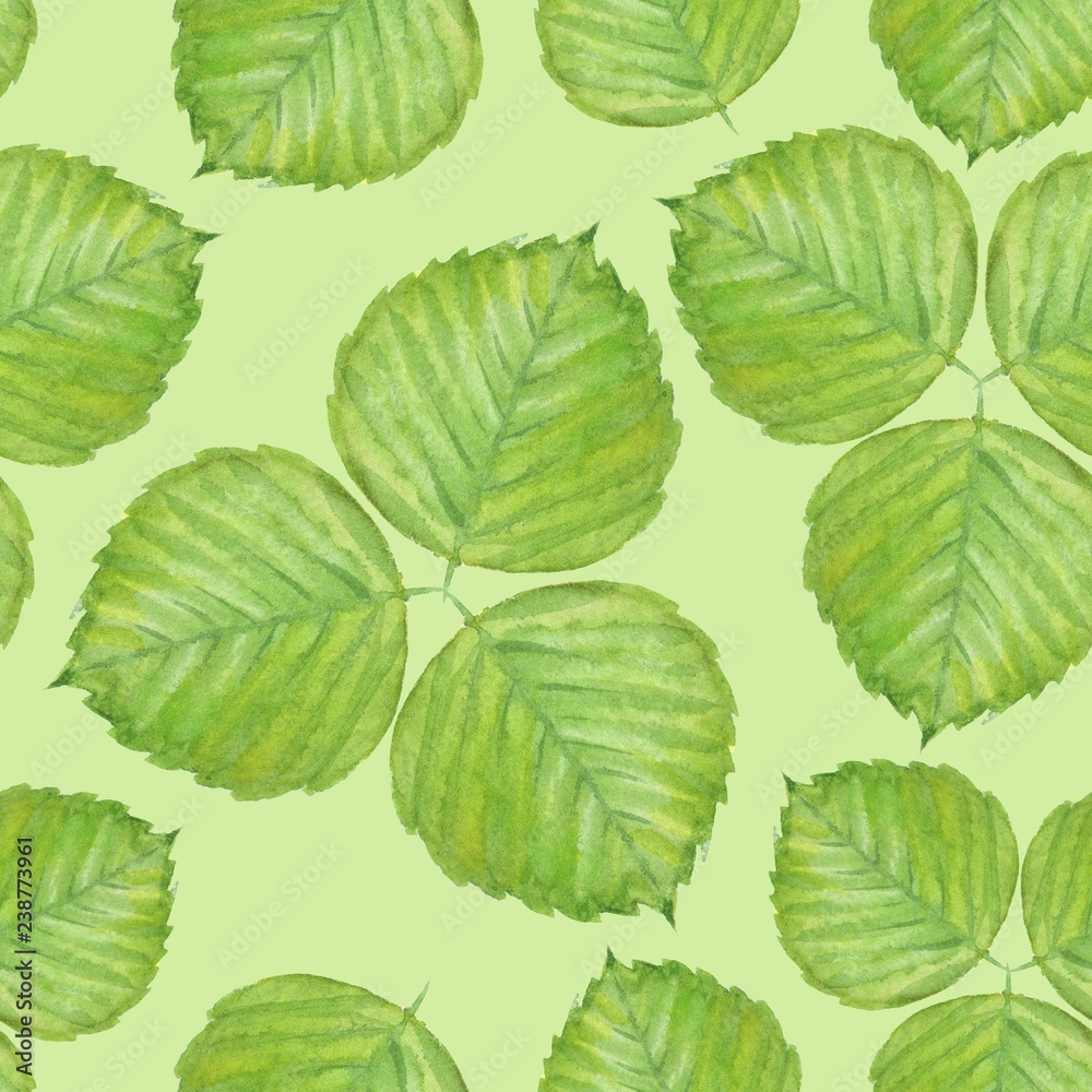 Summer seamless pattern with green watercolor leaves