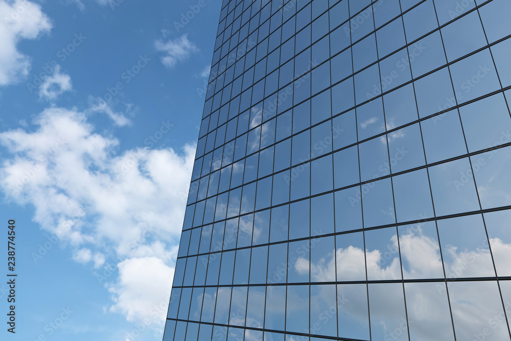 Wall of skyscraper under blue sky with clouds Wall of skyscraper under blue sky with clouds