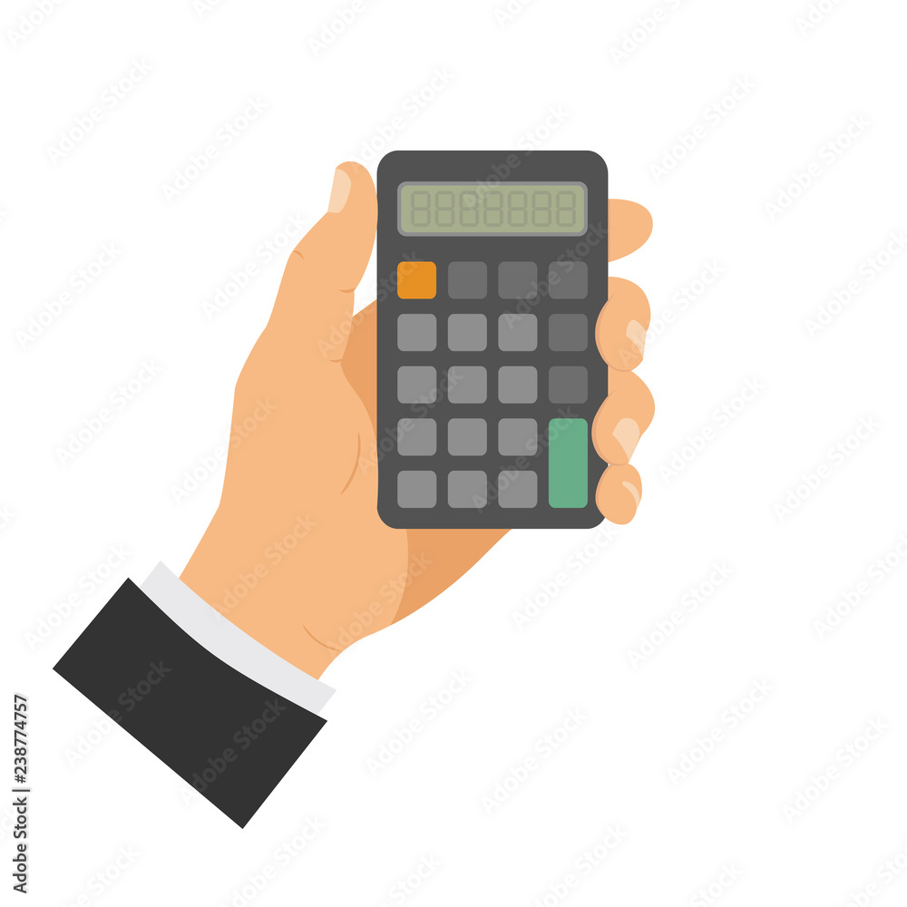 Calculation and Counting Concept, hand with calculator. Man holding calculator in hand. Vector illustration Calculation and Counting Concept, hand with calculator. Man holding calculator in hand. Vector illustration