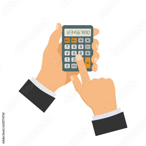 Calculation and Counting Concept, hand with calculator. Man holding calculator in hand. Vector illustration