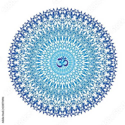 Blue mandala with aum / ohm / om sign in the center. Vector openwork delicate drawing. Spiritual symbol. photo