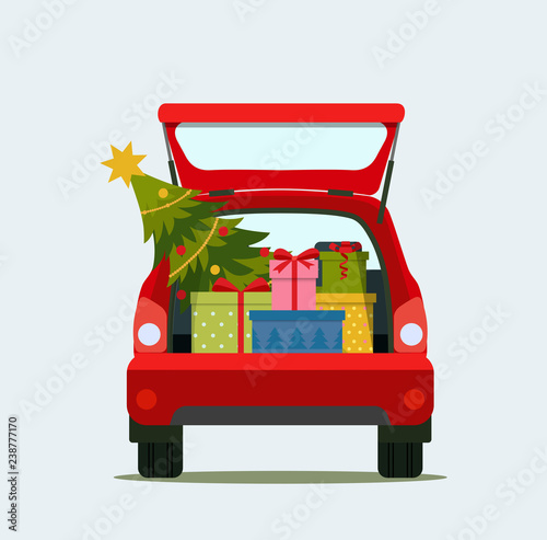 Gift boxes and christmas in the trunk of the car. Merry christmas. Vector flat style illustration