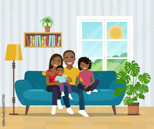 Smiling african american family  on sofa in the living room. Vector flat illustration