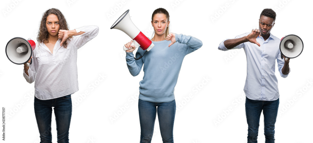 Collage of young people yelling through megaphone over isolated background with angry face, negative sign showing dislike with thumbs down, rejection concept