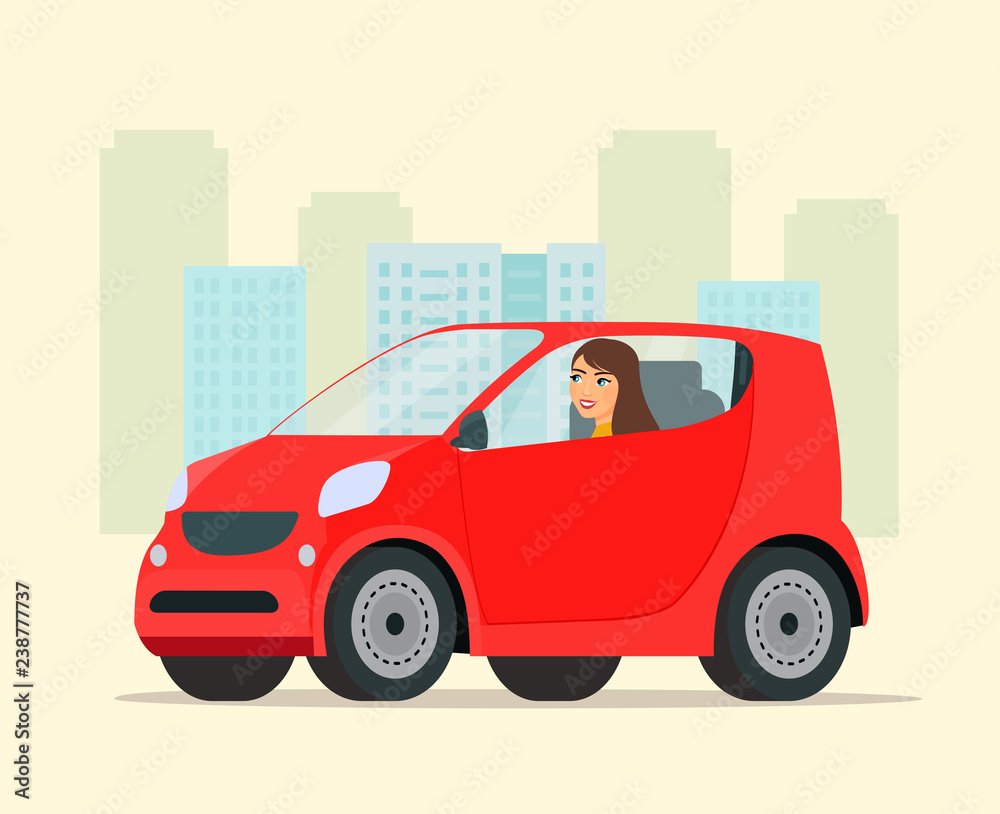 Compact city red car with driver woman side view. Vector flat style illustration