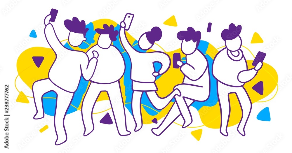 Vector illustration of group of white dancing people with mobile