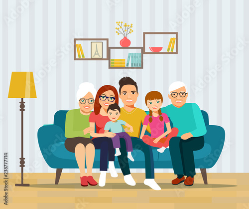 Smiling young parents  grandparents and their children on sofa in the living room. Vector flat illustration