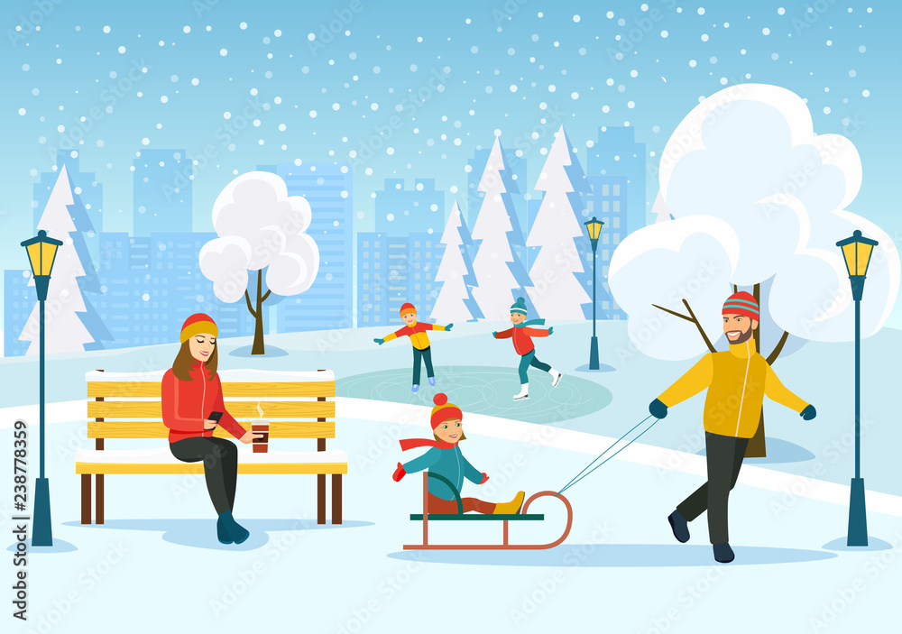 Young woman relaxing on bench, Happy man with kids sledding in the winter park. Vector flat style illustration Young woman relaxing on bench, Happy man with kids sledding in the winter park. Vector flat style illustration