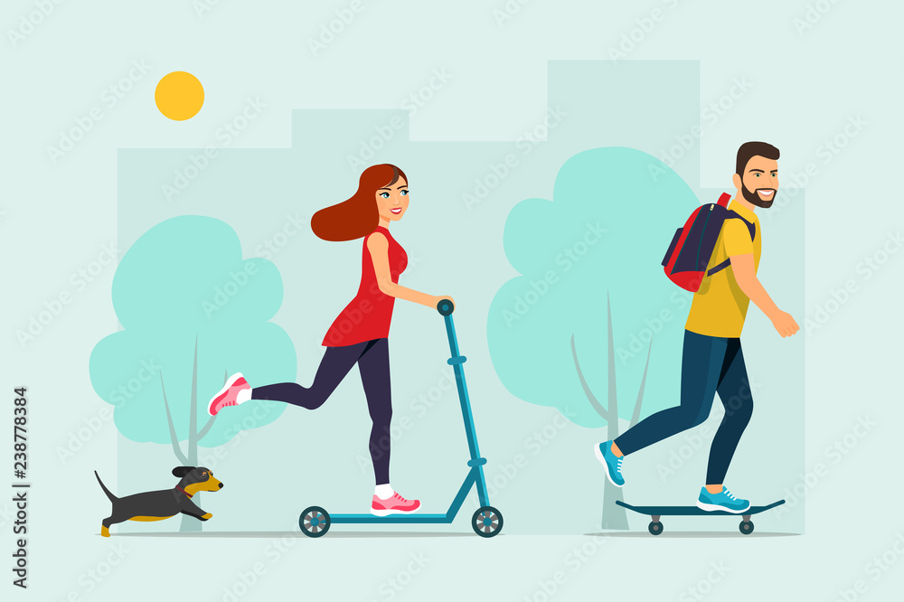 Happy Young man riding a skateboard,  young woman rides on a scooter and dog. Vector flat style  illustration.