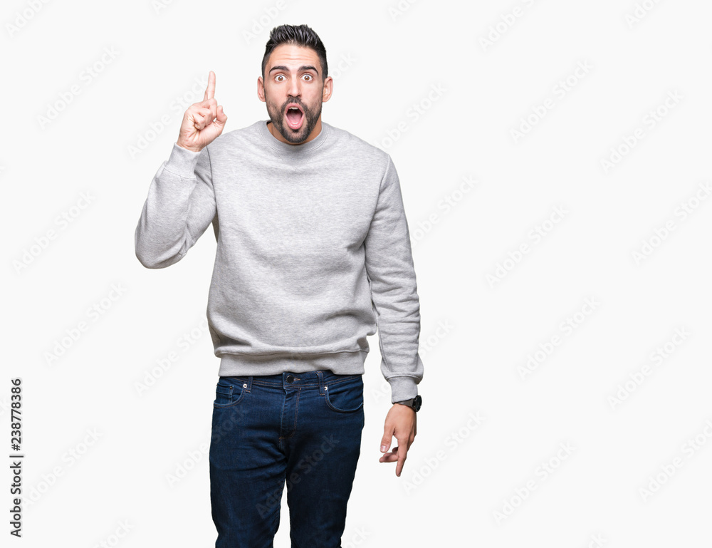 Young handsome man wearing sweatshirt over isolated background pointing finger up with successful idea. Exited and happy. Number one. Young handsome man wearing sweatshirt over isolated background pointing finger up with successful idea. Exited and happy. Number one.