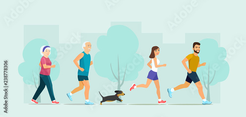 Elderly and young couple  run with dog. Vector flat style illustration