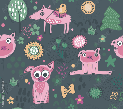 Vector seamless pattern with cute piglets, flowers, trees.