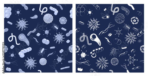 Two seamless patterns with bacteria and viruses.