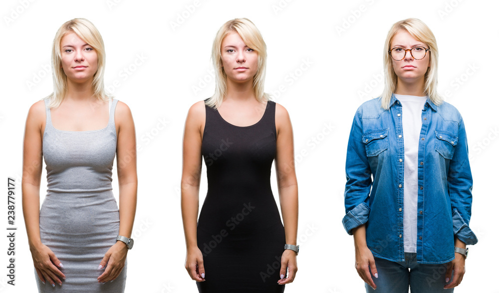 Obraz premium Collage of beautiful blonde woman over isolated background skeptic and nervous, frowning upset because of problem. Negative person.