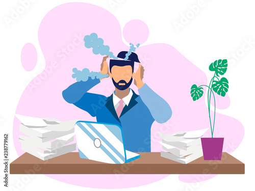 Metaphor of Entangled reworked at overwork. Male businessman, earned on the desktop. Boils head in minimalist style the best way. Cartoon Vector