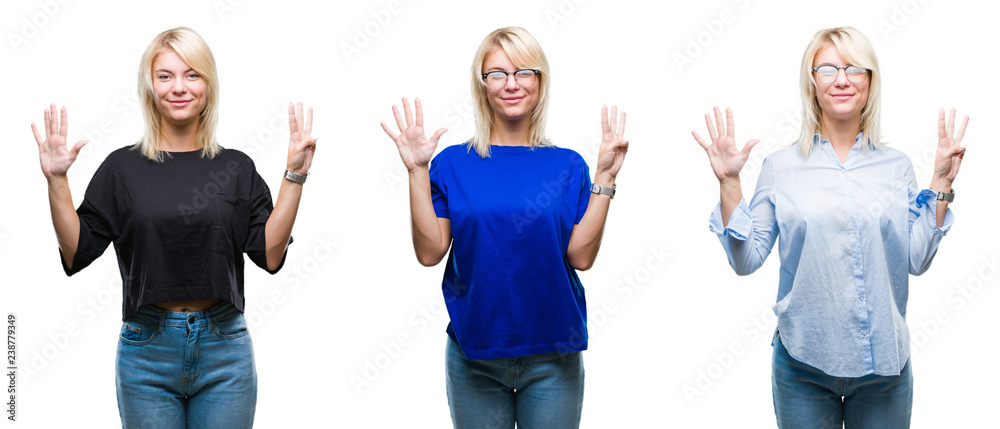 Collage of beautiful blonde woman over isolated background showing and pointing up with fingers number eight while smiling confident and happy.
