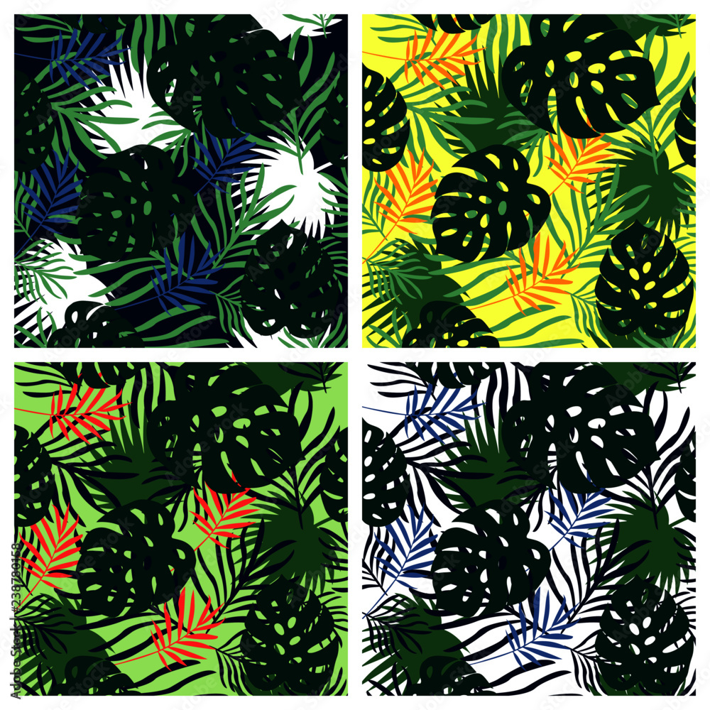 Set of tropical leaves vector pattern background summer floral Set of tropical leaves vector pattern background summer floral
