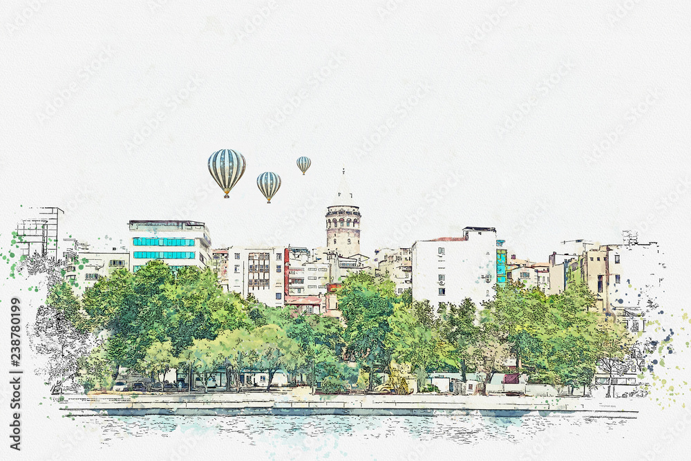 A watercolor sketch or illustration of a beautiful view of the traditional architecture in Istanbul, Turkey. Hot air balloons are flying in the sky.