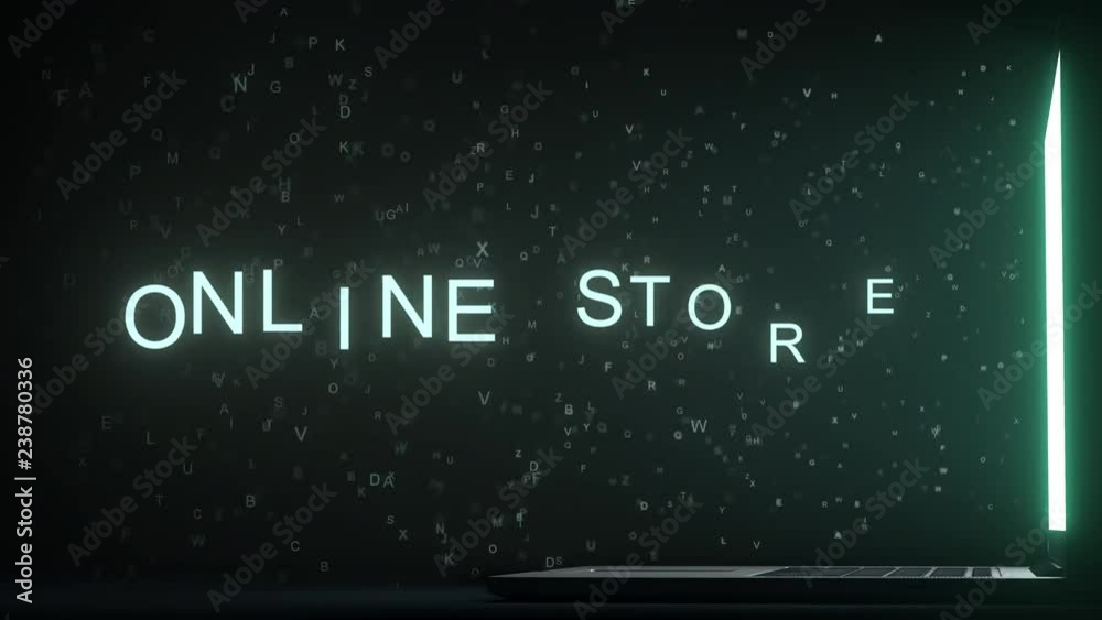 ONLINE STORE text appearing near laptop screen. Conceptual 3D animation ONLINE STORE text appearing near laptop screen. Conceptual 3D animation