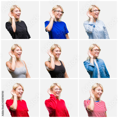 Collage of beautiful blonde woman wearing differents casual looks over isolated background smiling with hand over ear listening an hearing to rumor or gossip. Deafness concept.