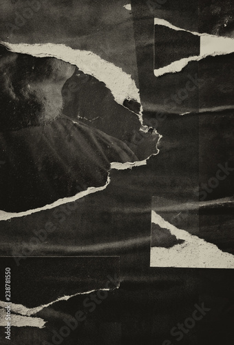 Old grunge blank ripped torn vintage collage blank posters creased crumpled paper surface texture placard background 