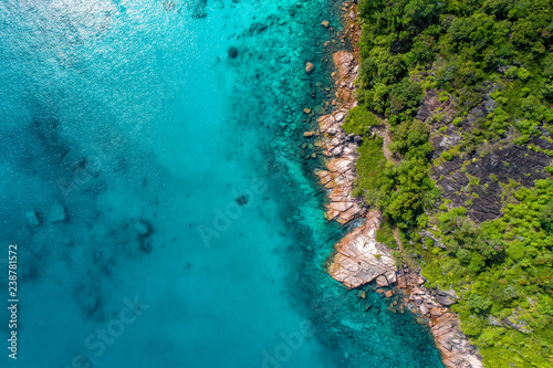 Spectacular aerial view of coastline and turquoise sea, Seychelles in the Indian Ocean.Top view from drone