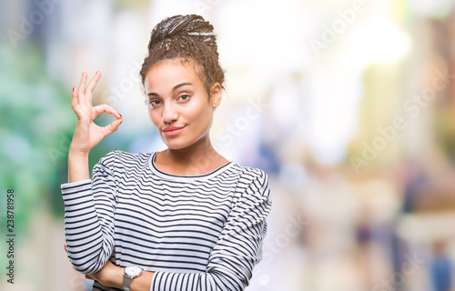 Young braided hair african american girl wearing sweater over isolated background smiling positive doing ok sign with hand and fingers. Successful expression.