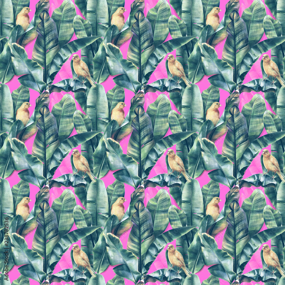 Seamless pattern with banana leaves and yellow birds on a pink background. Tropical background in pop art style for fabrics, wallpapers, textiles. Illustration with colored pencils.