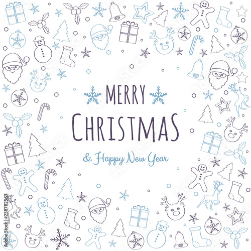 Christmas greeting card with beautiful wreath with ornaments. Vector.
